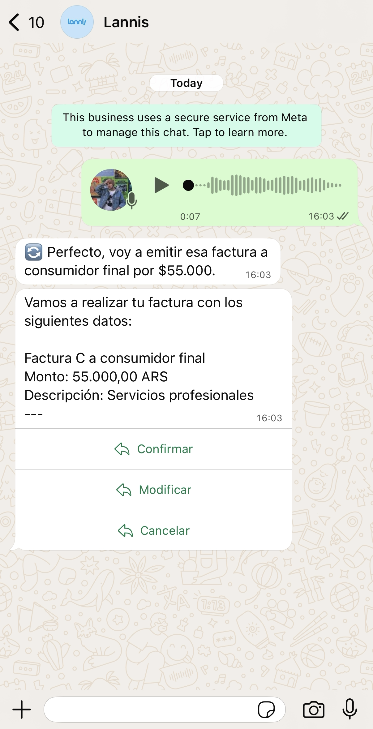 Confirmación de factura en WhatsApp con Lannis