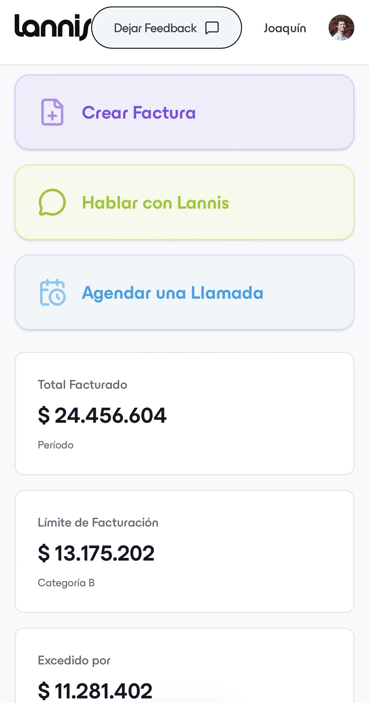 Dashboard de Lannis mostrando facturación
